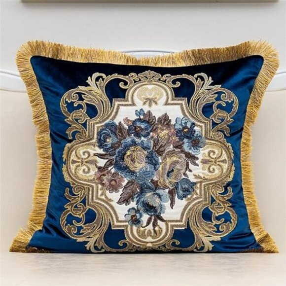 Navy Blue Velvet Floral Throw Pillow Cover 18x18 Embroidered Decorative Cushion - Picture 8 of 8